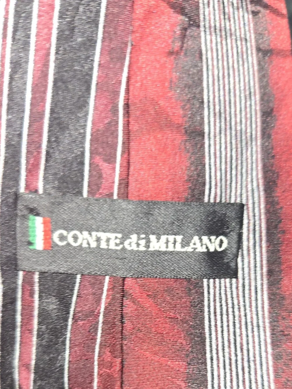Conte Di Milano Slim Burgundy and Black Silk Tie with Geometric Motif
